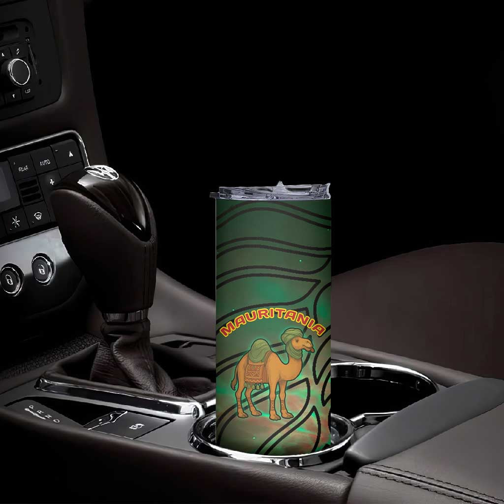 Mauritania Skinny Tumbler - Green Tie Dye Camel and Crescent Moon Flag Design