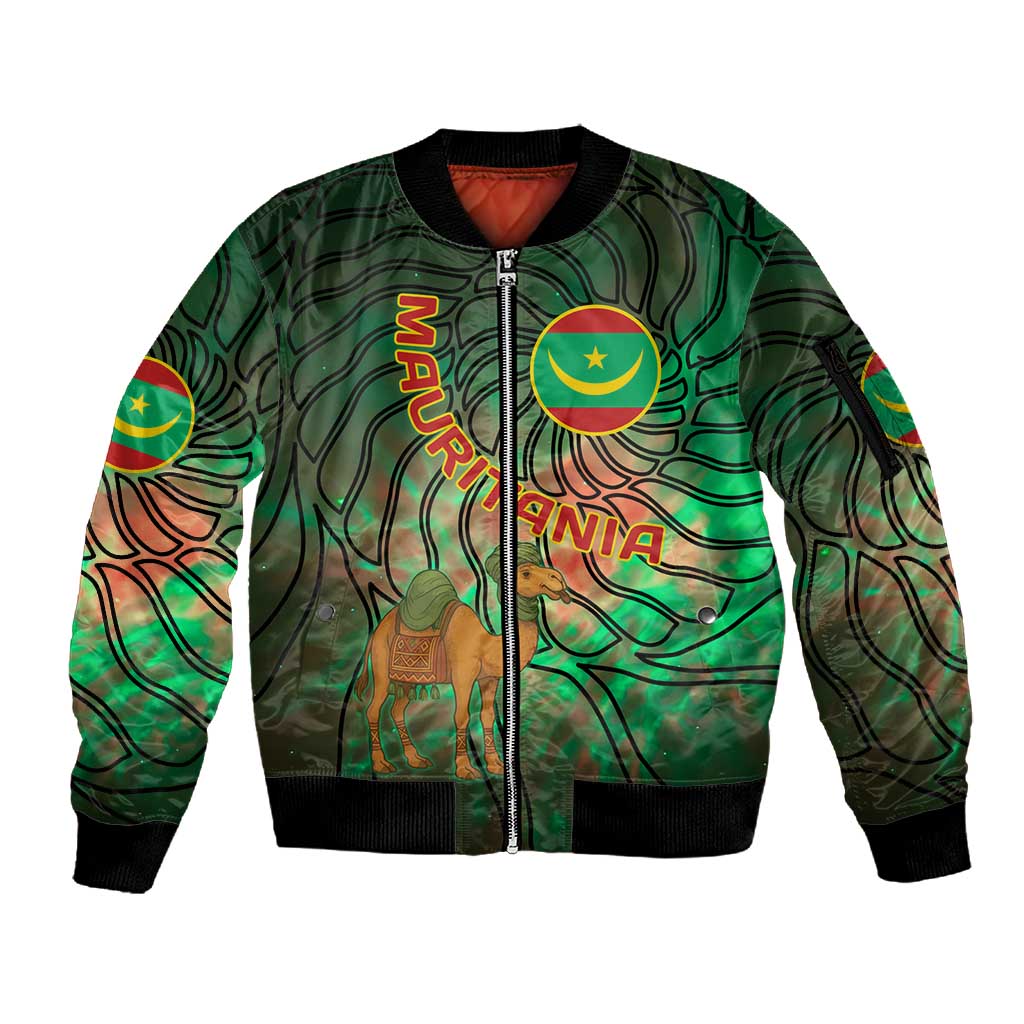 Mauritania Sleeve Zip Bomber Jacket - Green Tie Dye Camel and Crescent Moon Flag Design