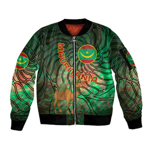 Mauritania Sleeve Zip Bomber Jacket - Green Tie Dye Camel and Crescent Moon Flag Design