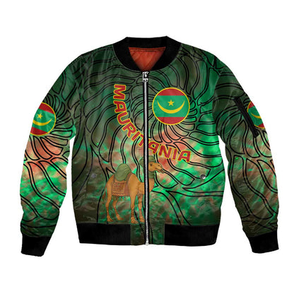 Mauritania Sleeve Zip Bomber Jacket - Green Tie Dye Camel and Crescent Moon Flag Design