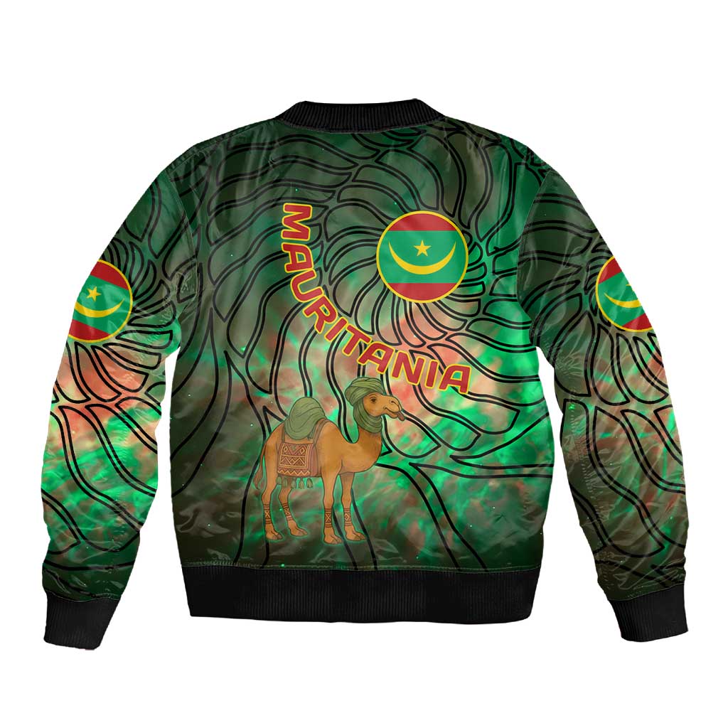 Mauritania Sleeve Zip Bomber Jacket - Green Tie Dye Camel and Crescent Moon Flag Design