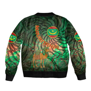 Mauritania Sleeve Zip Bomber Jacket - Green Tie Dye Camel and Crescent Moon Flag Design