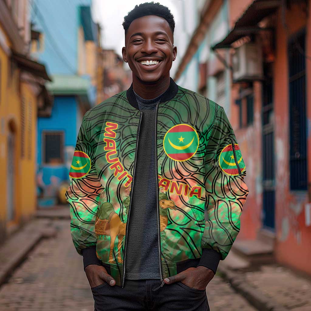 Mauritania Sleeve Zip Bomber Jacket - Green Tie Dye Camel and Crescent Moon Flag Design