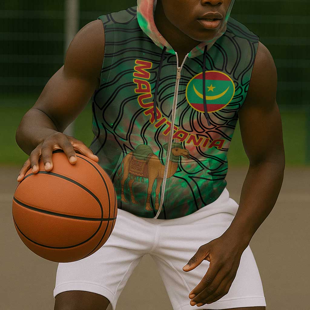 Mauritania Sleeveless Zip Hoodie - Green Tie Dye Camel and Crescent Moon Flag Design - African Pride
