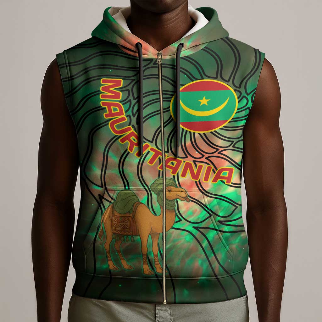 Mauritania Sleeveless Zip Hoodie - Green Tie Dye Camel and Crescent Moon Flag Design - African Pride