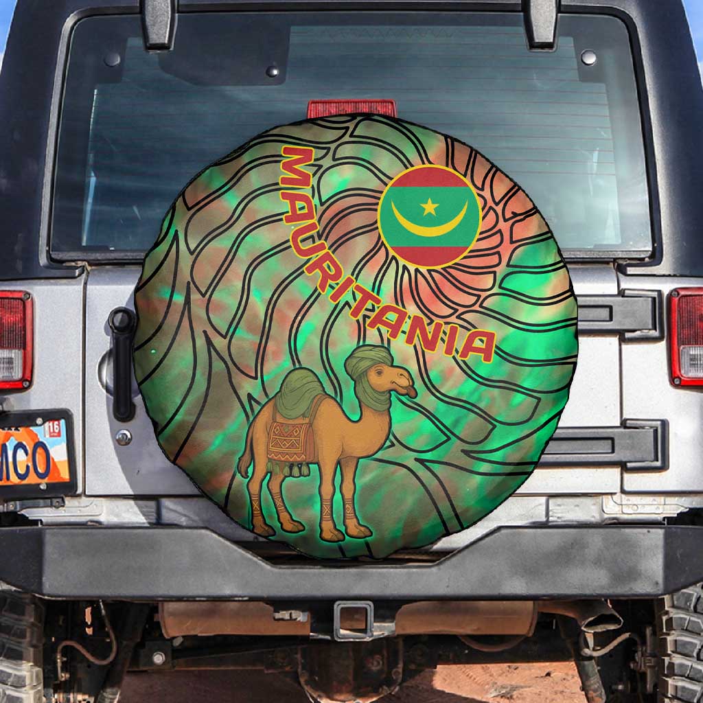Mauritania Spare Tire Cover - Green Tie Dye Camel and Crescent Moon Flag Design