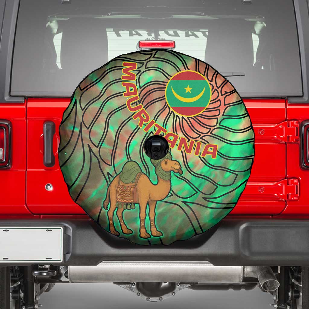 Mauritania Spare Tire Cover - Green Tie Dye Camel and Crescent Moon Flag Design