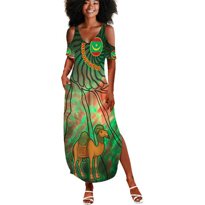 Mauritania Summer Maxi Dress - Green Tie Dye Camel and Crescent Moon Flag Design
