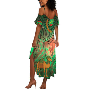 Mauritania Summer Maxi Dress - Green Tie Dye Camel and Crescent Moon Flag Design