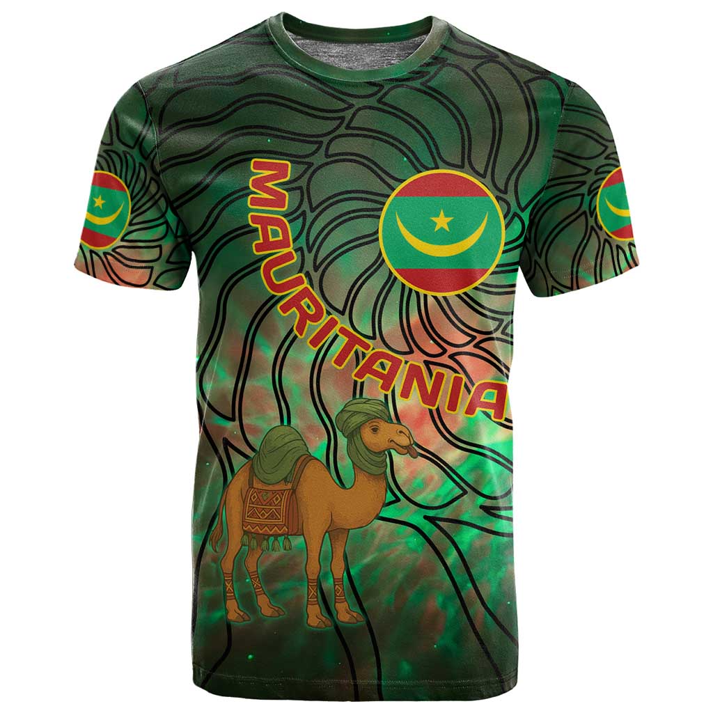 Mauritania T shirt - Green Tie Dye Camel and Crescent Moon Flag Design