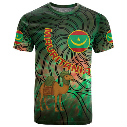 Mauritania T shirt - Green Tie Dye Camel and Crescent Moon Flag Design