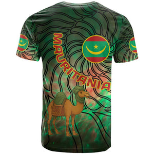Mauritania T shirt - Green Tie Dye Camel and Crescent Moon Flag Design