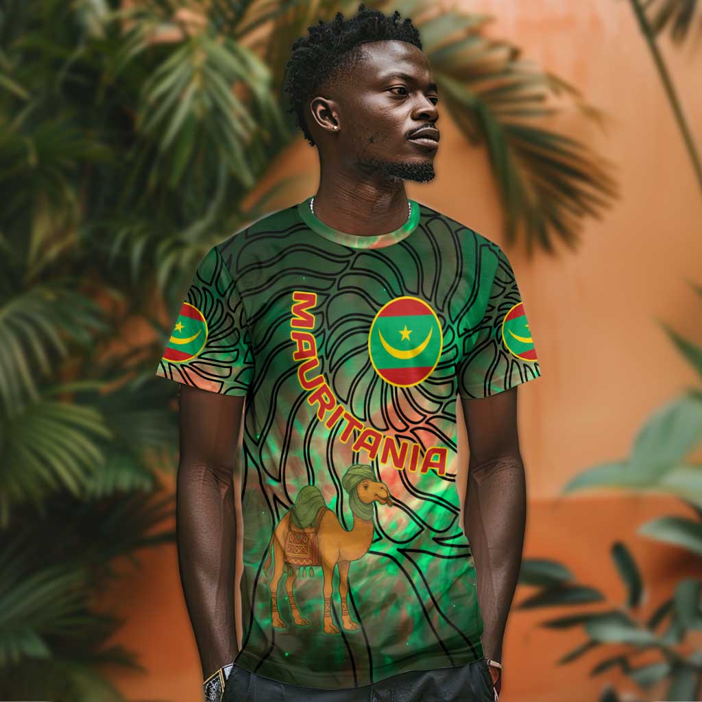 Mauritania T shirt - Green Tie Dye Camel and Crescent Moon Flag Design