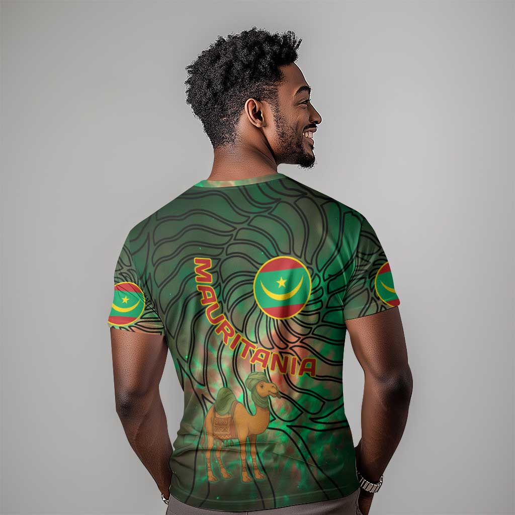 Mauritania T shirt - Green Tie Dye Camel and Crescent Moon Flag Design