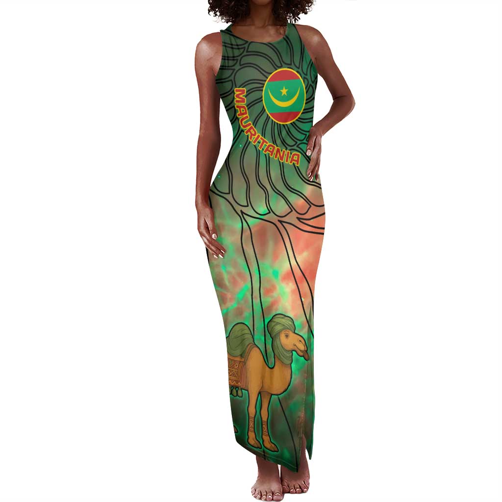 Mauritania Tank Maxi Dress - Green Tie Dye Camel and Crescent Moon Flag Design