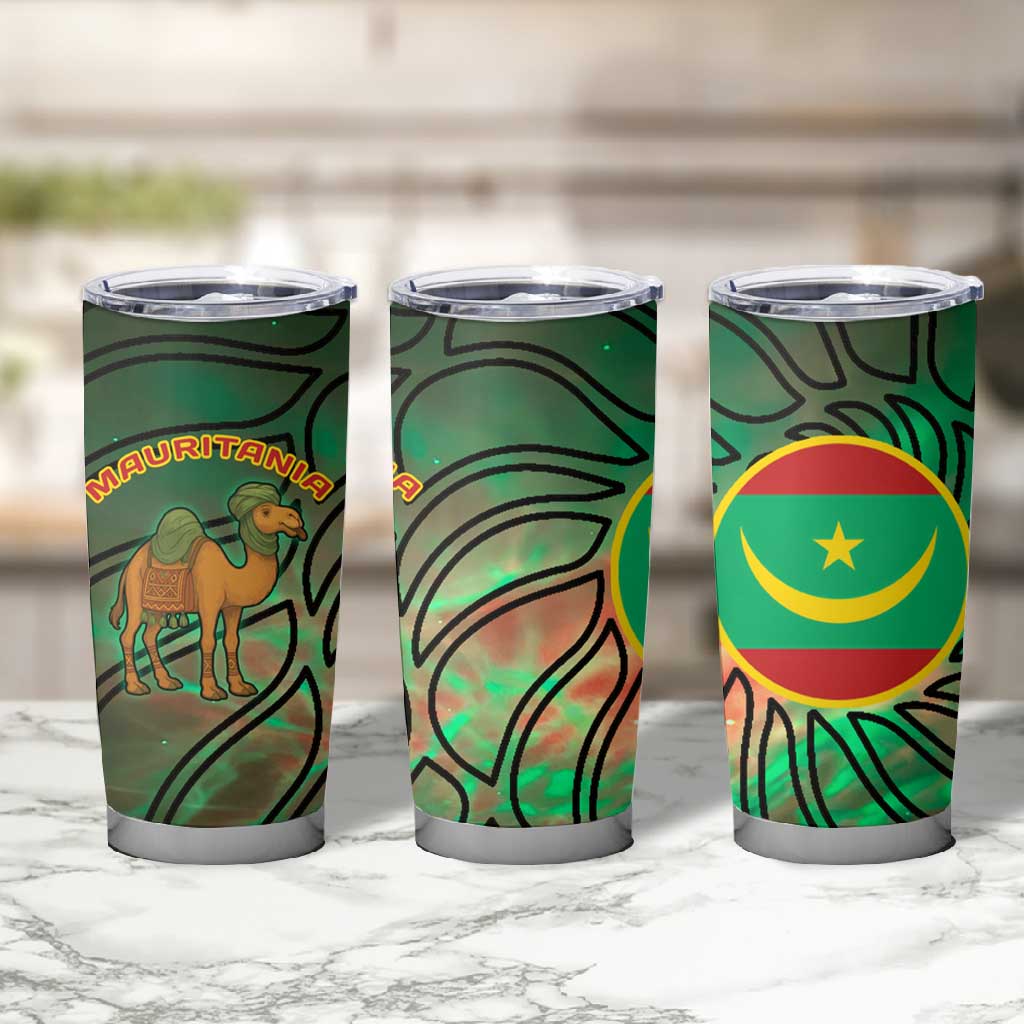 Mauritania Tumbler Cup - Green Tie Dye Camel and Crescent Moon Flag Design