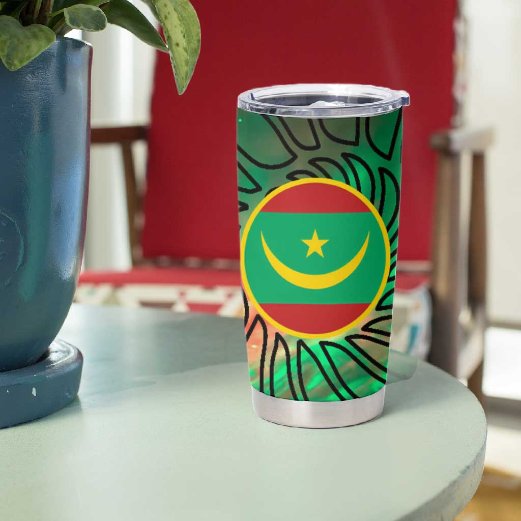 Mauritania Tumbler Cup - Green Tie Dye Camel and Crescent Moon Flag Design