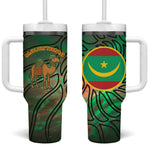 Mauritania Tumbler With Handle - Green Tie Dye Camel and Crescent Moon Flag Design