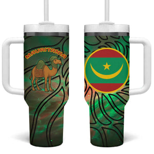 Mauritania Tumbler With Handle - Green Tie Dye Camel and Crescent Moon Flag Design