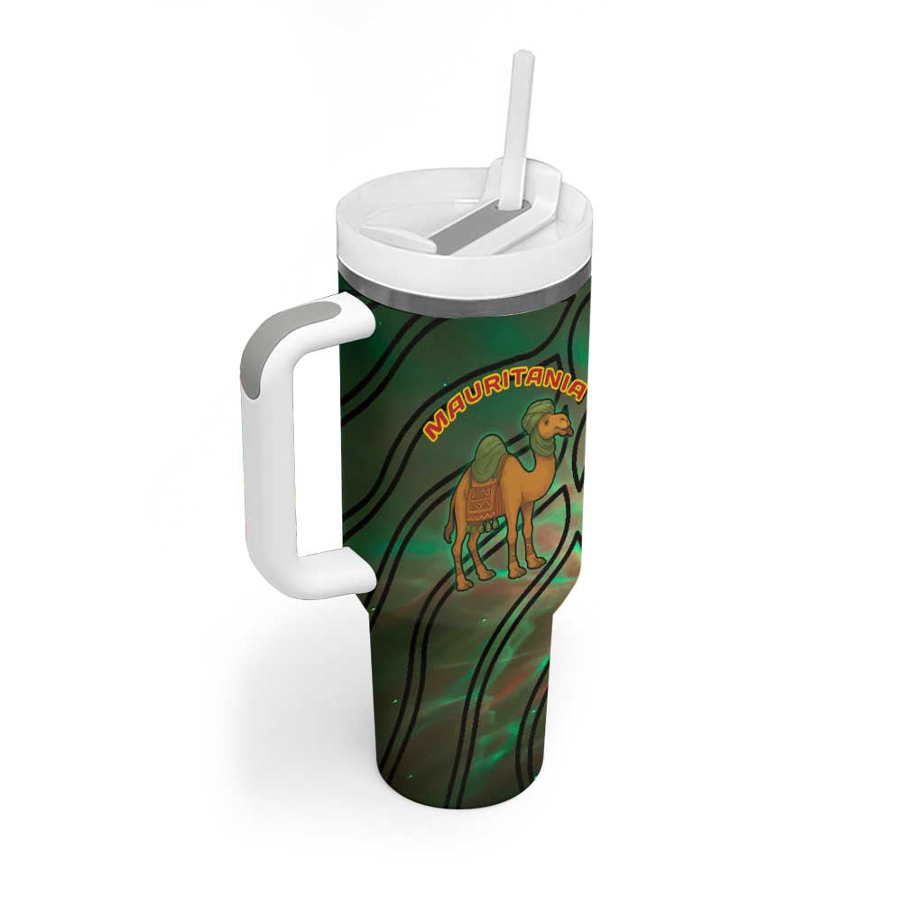 Mauritania Tumbler With Handle - Green Tie Dye Camel and Crescent Moon Flag Design