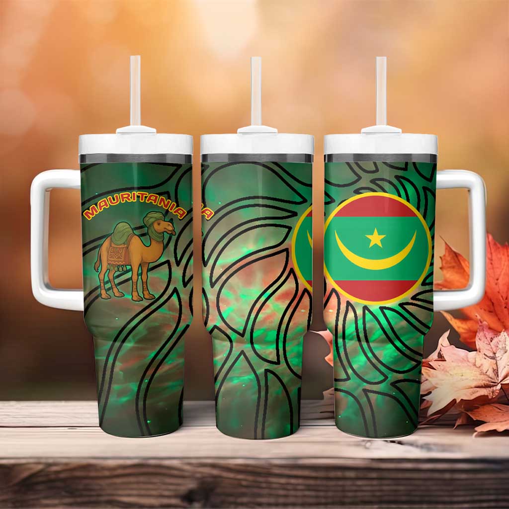 Mauritania Tumbler With Handle - Green Tie Dye Camel and Crescent Moon Flag Design