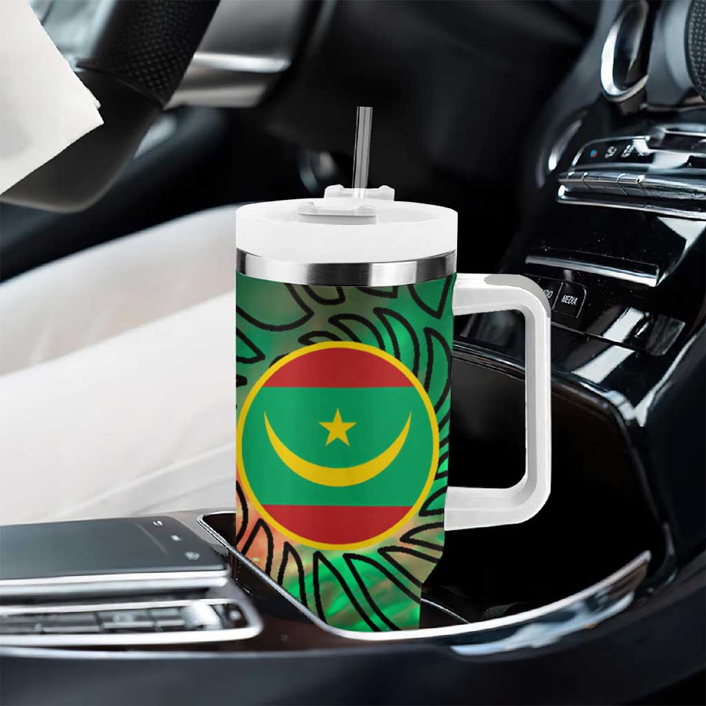 Mauritania Tumbler With Handle - Green Tie Dye Camel and Crescent Moon Flag Design