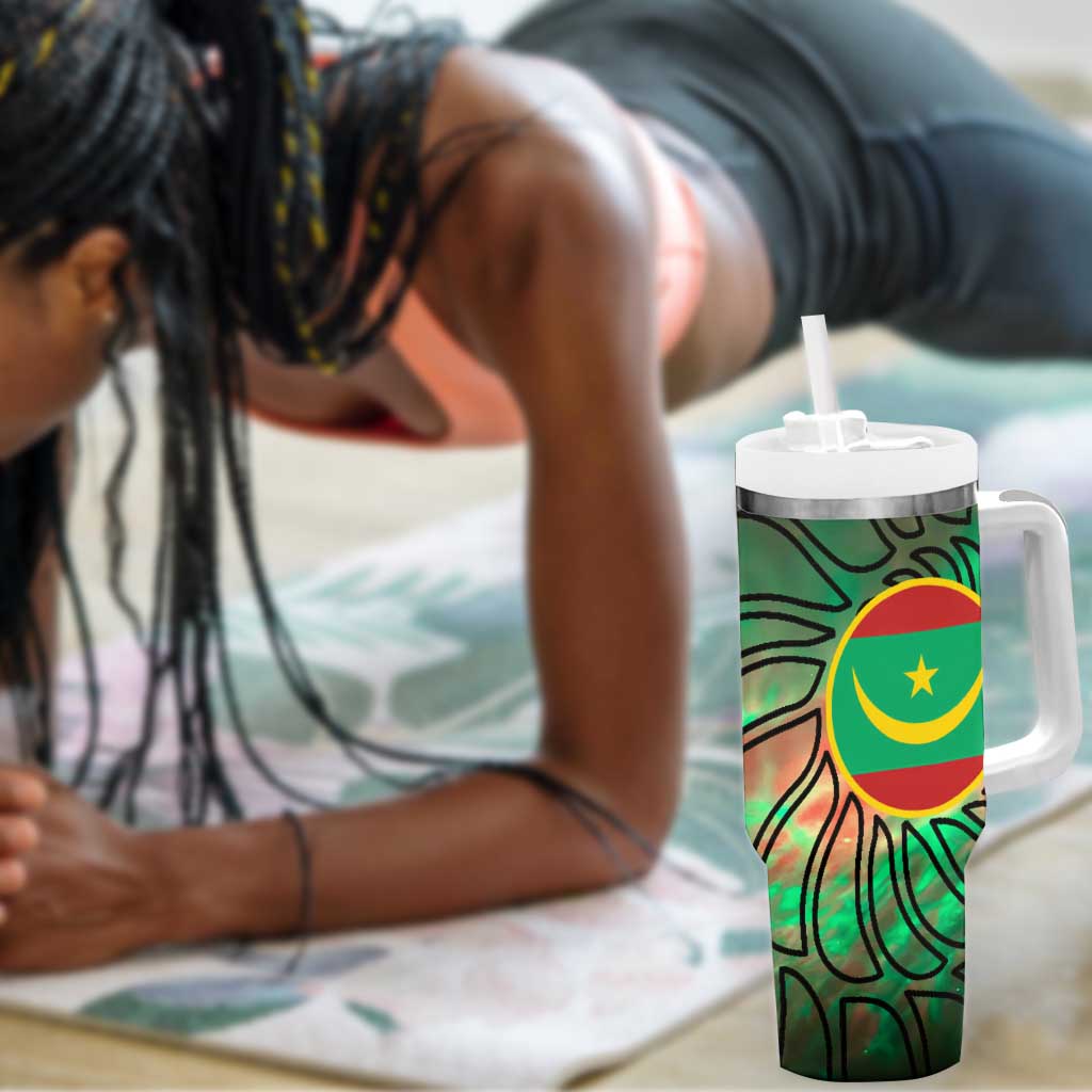 Mauritania Tumbler With Handle - Green Tie Dye Camel and Crescent Moon Flag Design