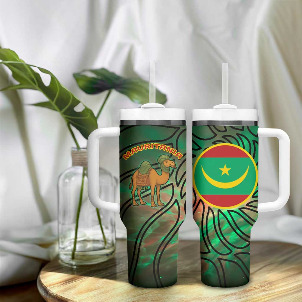 Mauritania Tumbler With Handle - Green Tie Dye Camel and Crescent Moon Flag Design
