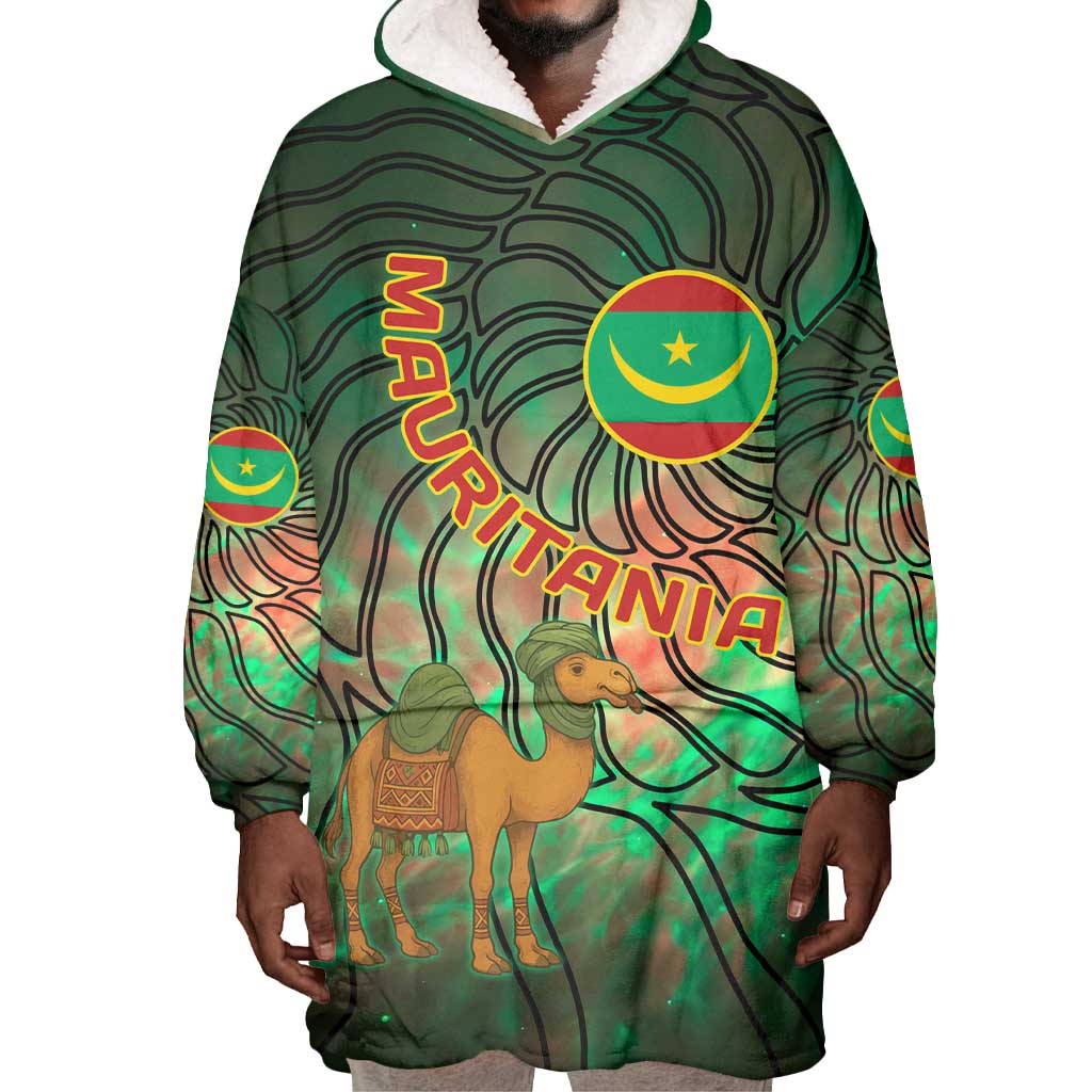 Mauritania Wearable Blanket Hoodie - Green Tie Dye Camel and Crescent Moon Flag Design