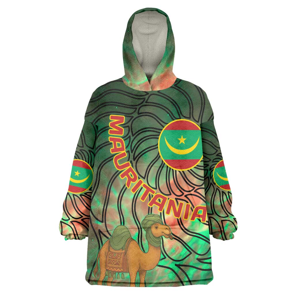Mauritania Wearable Blanket Hoodie - Green Tie Dye Camel and Crescent Moon Flag Design