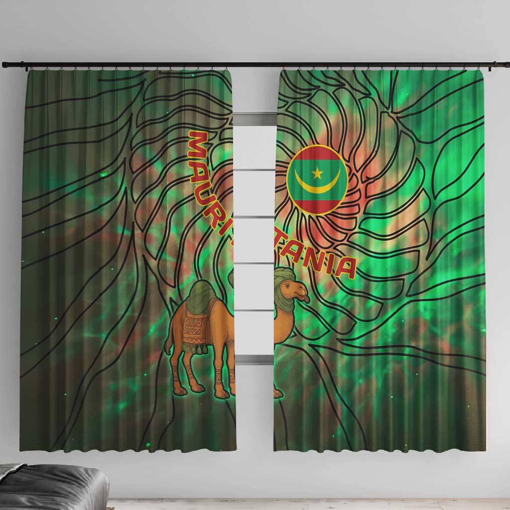 Mauritania Window Curtain - Green Tie Dye Camel and Crescent Moon Flag Design
