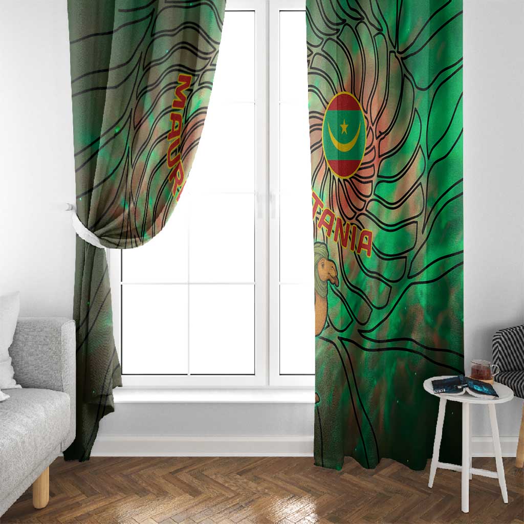 Mauritania Window Curtain - Green Tie Dye Camel and Crescent Moon Flag Design