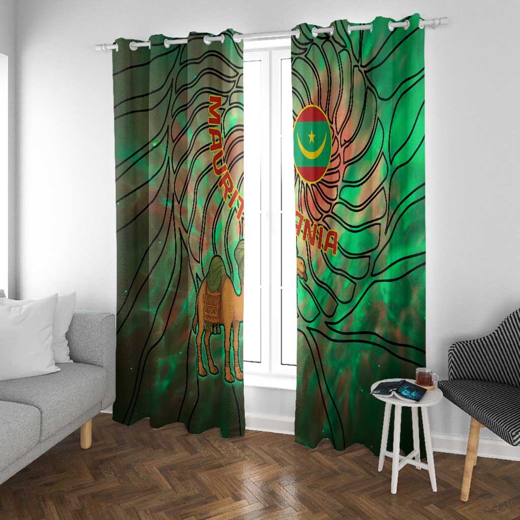 Mauritania Window Curtain - Green Tie Dye Camel and Crescent Moon Flag Design