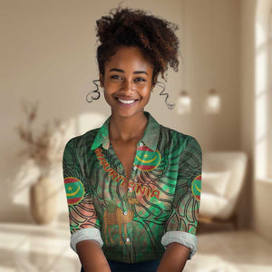 Mauritania Women Casual Shirt - Green Tie Dye Camel and Crescent Moon Flag Design