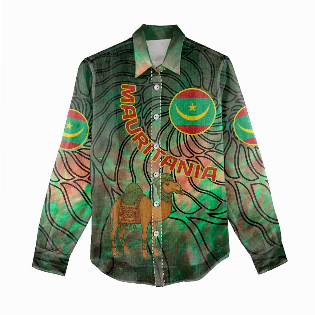 Mauritania Women Casual Shirt - Green Tie Dye Camel and Crescent Moon Flag Design