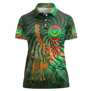 Mauritania Women Polo Shirt - Green Tie Dye Camel and Crescent Moon Flag Design