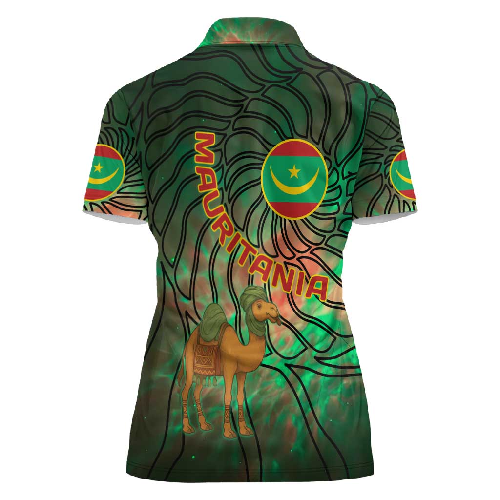 Mauritania Women Polo Shirt - Green Tie Dye Camel and Crescent Moon Flag Design