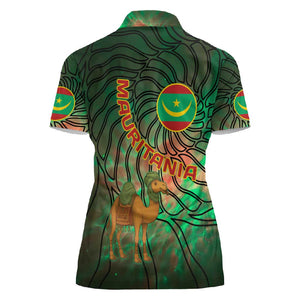 Mauritania Women Polo Shirt - Green Tie Dye Camel and Crescent Moon Flag Design