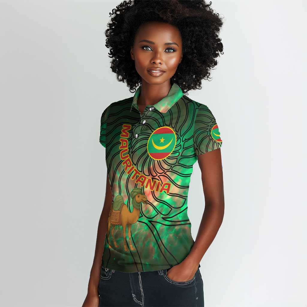 Mauritania Women Polo Shirt - Green Tie Dye Camel and Crescent Moon Flag Design