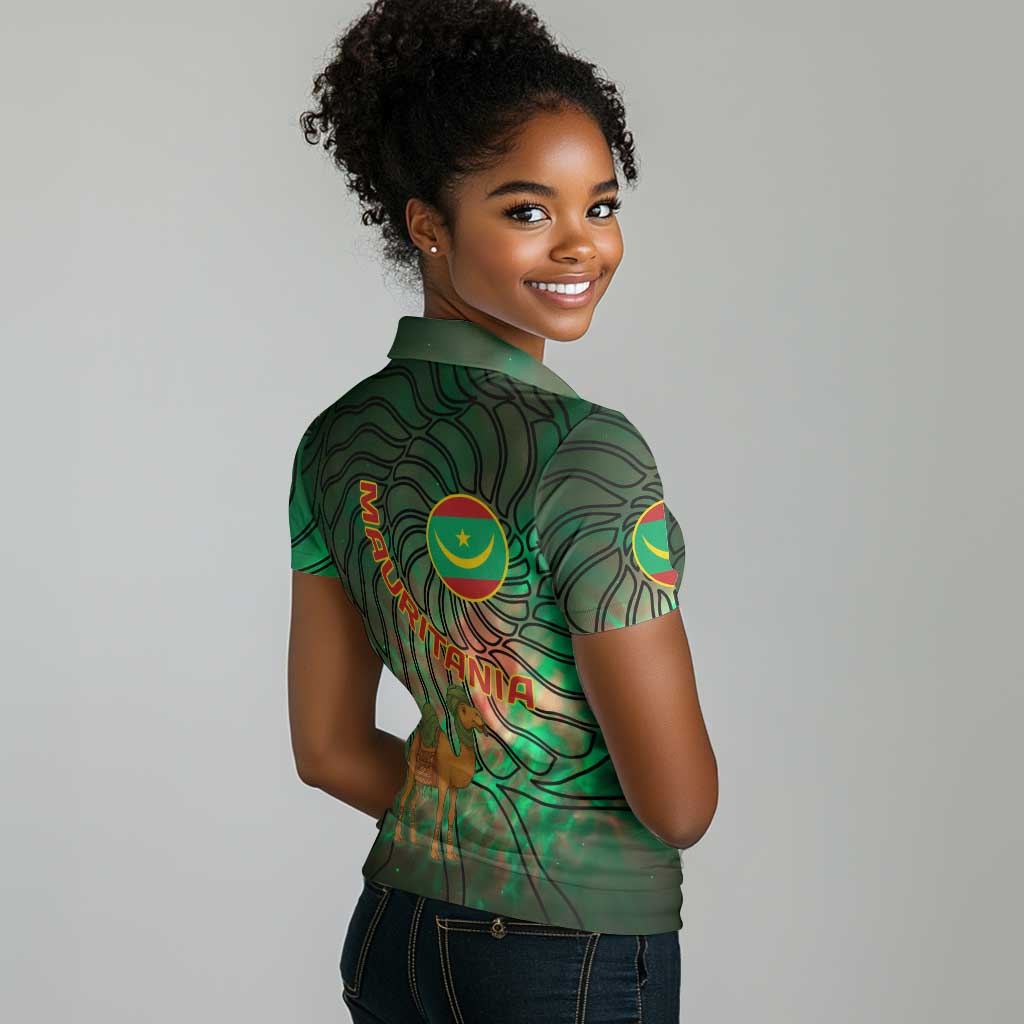 Mauritania Women Polo Shirt - Green Tie Dye Camel and Crescent Moon Flag Design