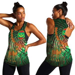Mauritania Women Racerback Tank - Green Tie Dye Camel and Crescent Moon Flag Design