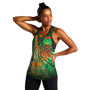 Mauritania Women Racerback Tank - Green Tie Dye Camel and Crescent Moon Flag Design