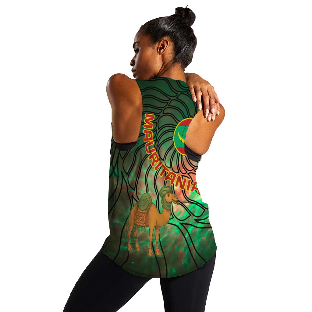 Mauritania Women Racerback Tank - Green Tie Dye Camel and Crescent Moon Flag Design