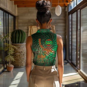 Mauritania Women Sleeveless Polo Shirt - Green Tie Dye Camel and Crescent Moon Flag Design