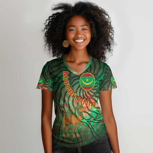 Mauritania Women V-Neck T-Shirt - Green Tie Dye Camel and Crescent Moon Flag Design
