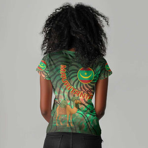Mauritania Women V-Neck T-Shirt - Green Tie Dye Camel and Crescent Moon Flag Design