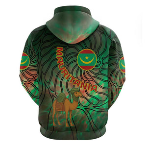 Mauritania Zip Hoodie - Green Tie Dye Camel and Crescent Moon Flag Design