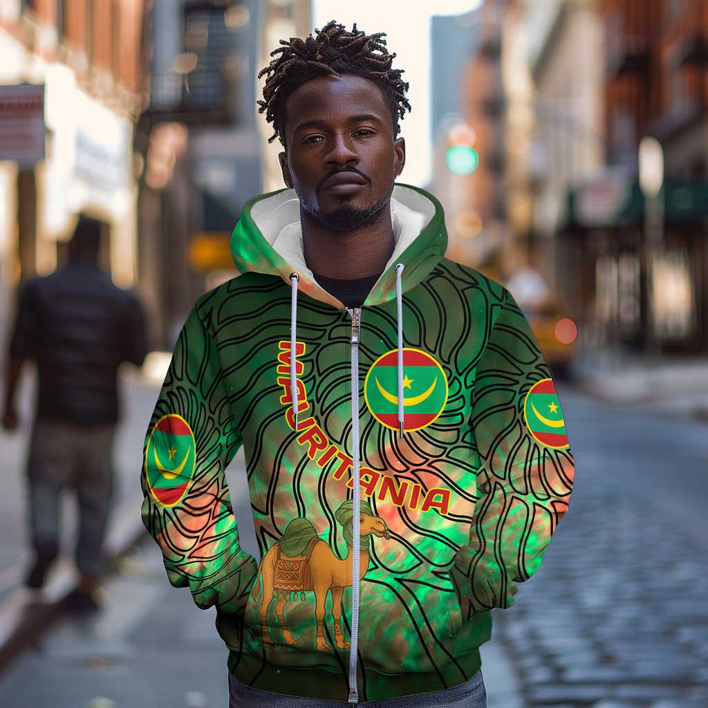Mauritania Zip Hoodie - Green Tie Dye Camel and Crescent Moon Flag Design