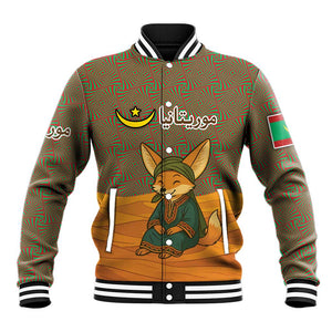 Mauritania Baseball Jacket - Cute Fennec Fox and Arabic Calligraphy Desert Design