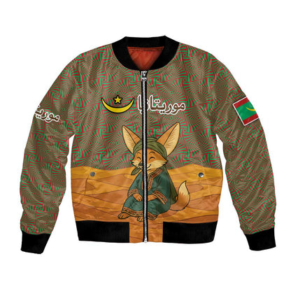 Mauritania Bomber Jacket - Cute Fennec Fox and Arabic Calligraphy Desert Design